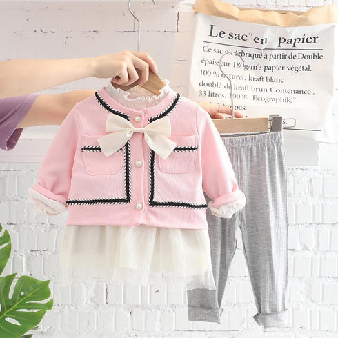 Casual Small Fragrance Long Sleeve Suit, Baby Girl's Splicing Long Skirt And Bottoms, Three Piece Set